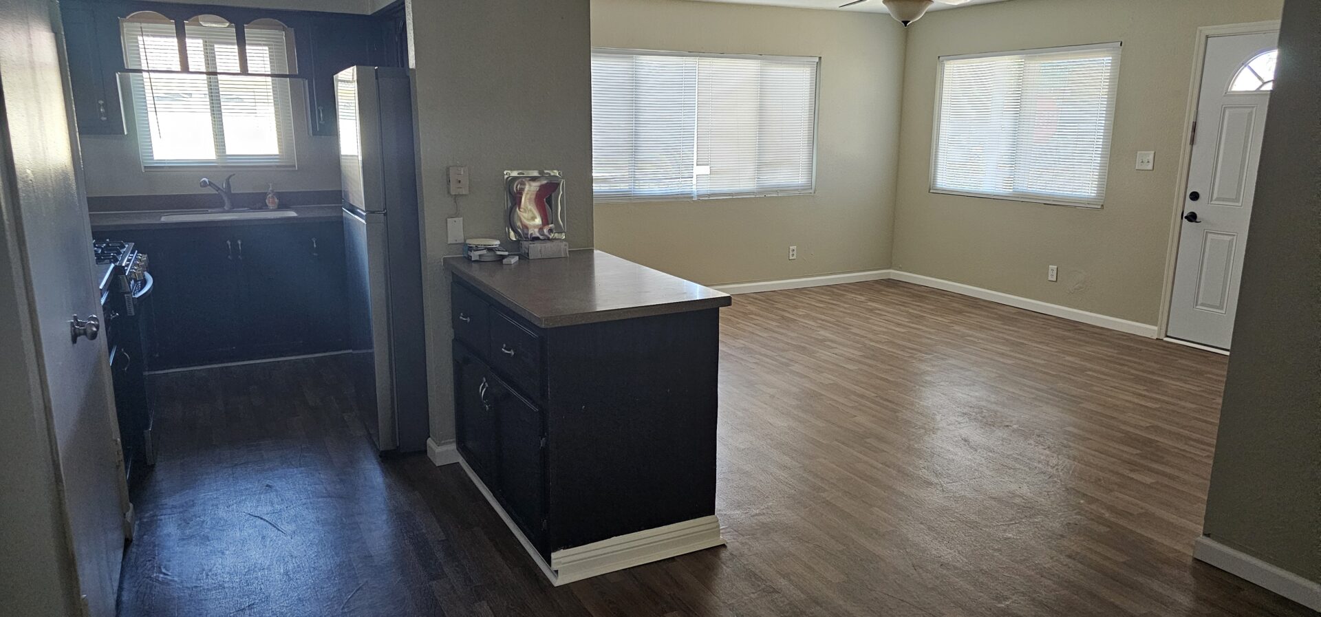 Empty apartment kitchen and living room.
