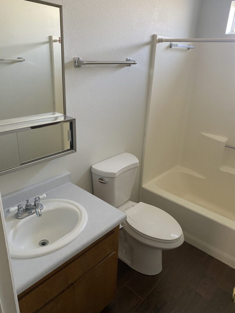 Vanity sink, mirrored cabinet, towel bar
