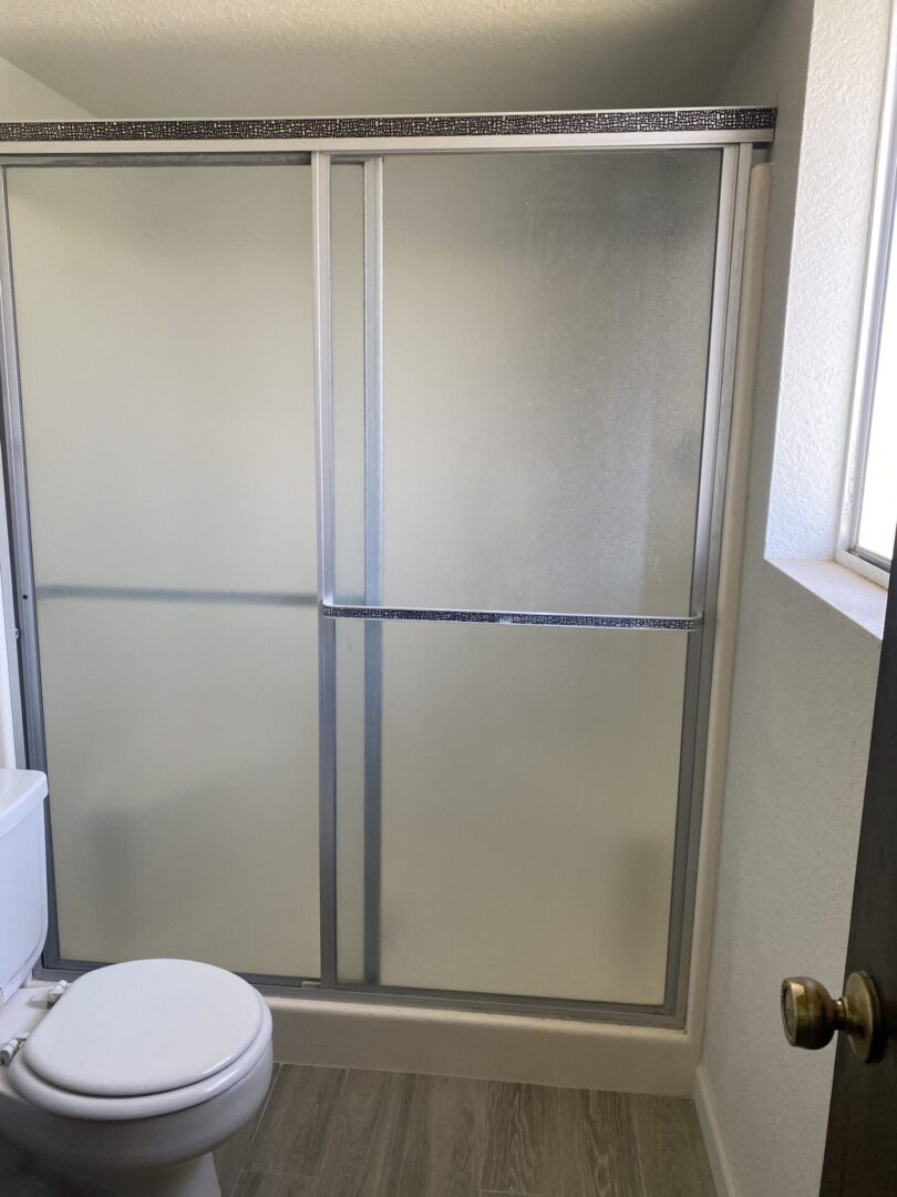 Bathroom with frosted glass shower and toilet